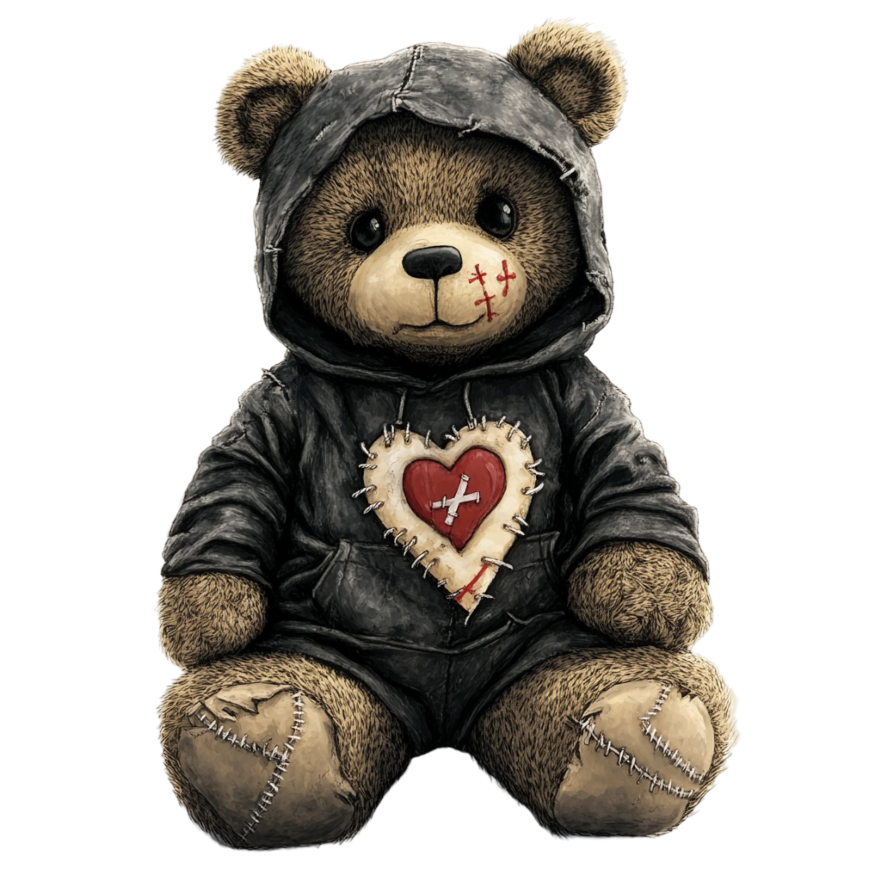 A brave explorer with a blue hoodie and stitched Xs across his chest, Scouts scars represent his journey through inner darkness to find joy. His resilience is his map; his stitched heart is his compass.

